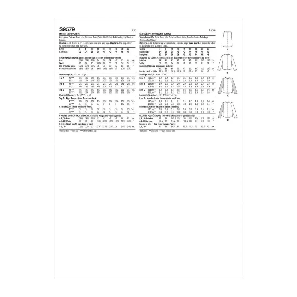 Sewing Pattern Simplicity S9579 Womens Adaptive Blouse Sizes 14-22 Easy Dressing